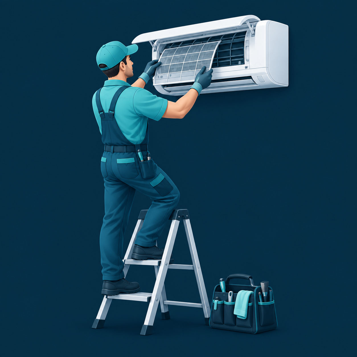 Illustration of an air-conditioning technician inspecting the filter of a wall-mounted air conditioner.